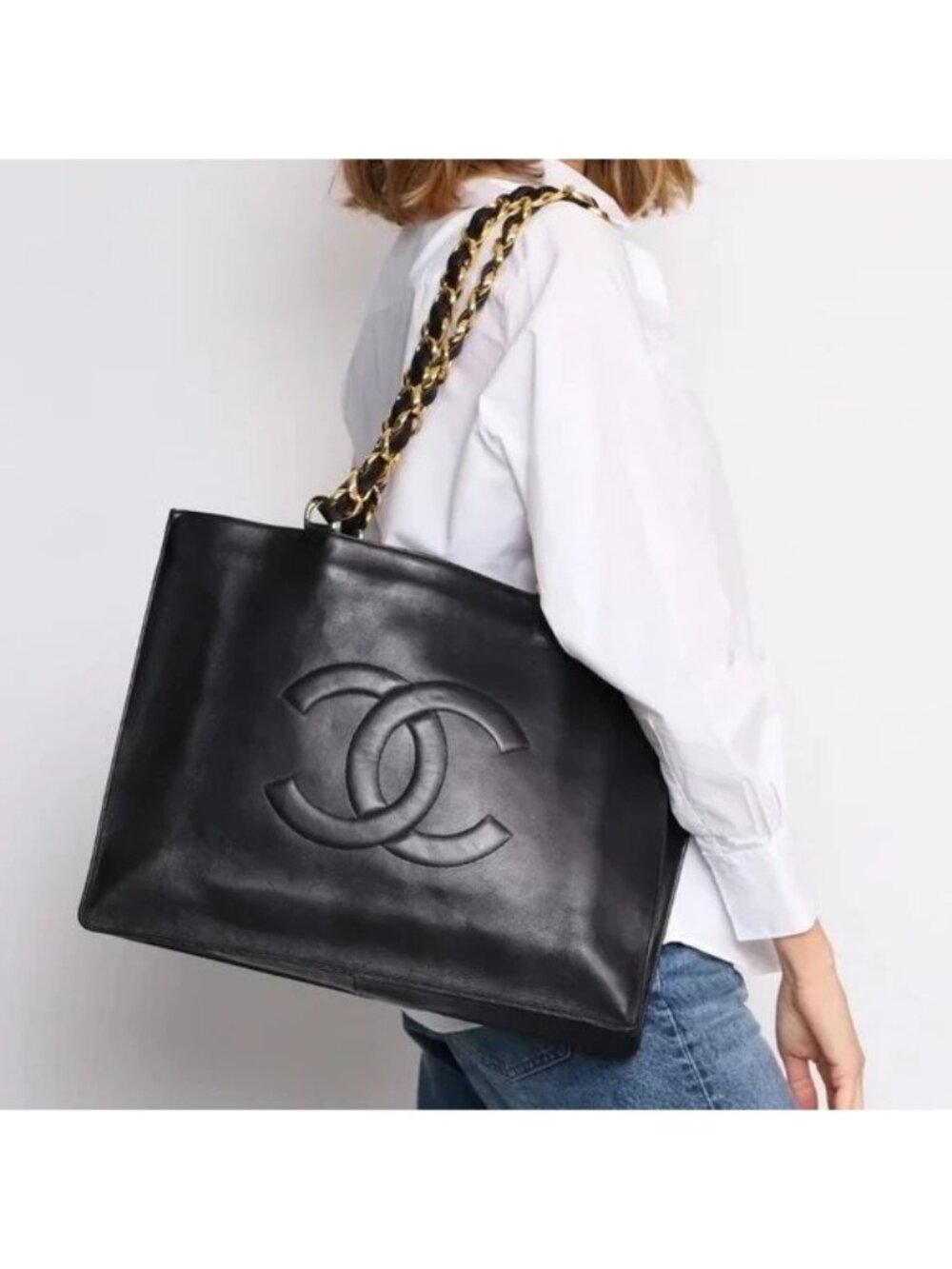 Authentic CHANEL Jumbo XL Shopping Tote Bag Timeless Classic Black Lambskin
